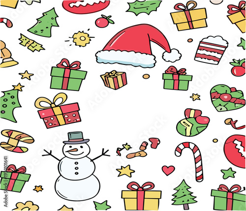 Christmas Doodle Vector Set with Santa Hat, Snowman, Gift Boxes and Holiday Decorations Illustration