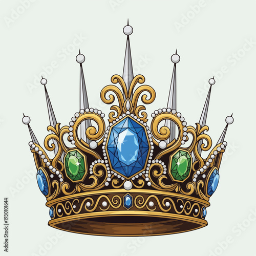 Illustration of a golden royal crown adorned with blue and green gems