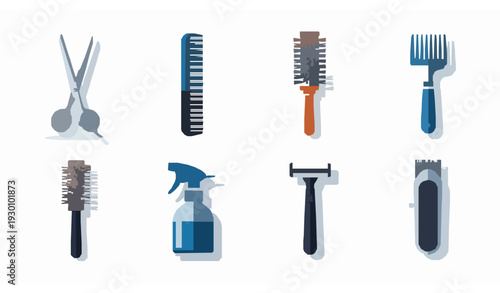 Barber tools flat icons set comb scissors hairbrush salon equipment vector