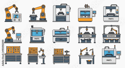 Robotic factory equipment illustration with machines and tools in an industrial setting