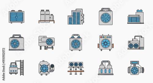 Various industrial machines displayed in a grid on a clean background for reference