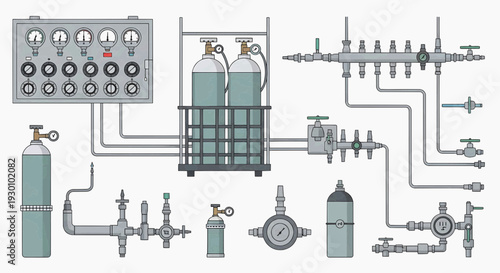 Industrial machinery operates with control panel and valves in a factory setting with pipes.