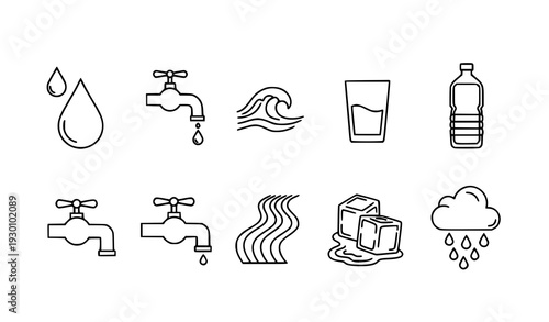Water thin line icon set droplet faucet wave vector illustration