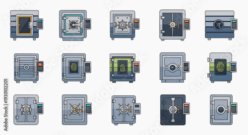 Various safe boxes are shown in different states and designs on a white surface