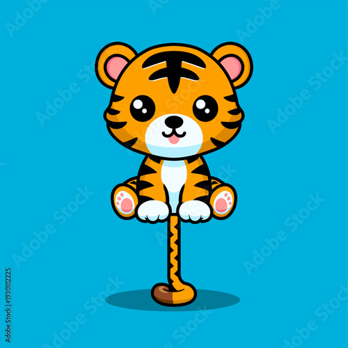 Cute Cartoon Tiger Character Sitting with Sweet Expression on Blue Background