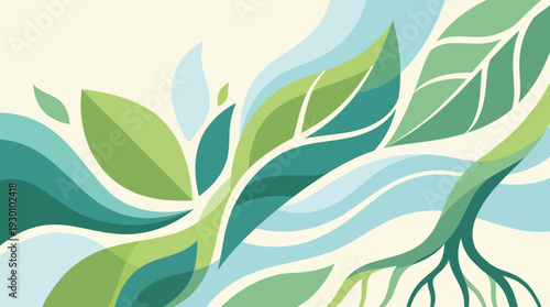 Vibrant green leaves and roots in dynamic abstract design