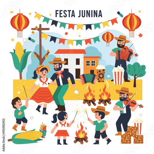 Illustration of a Junina festival with people, food, and music