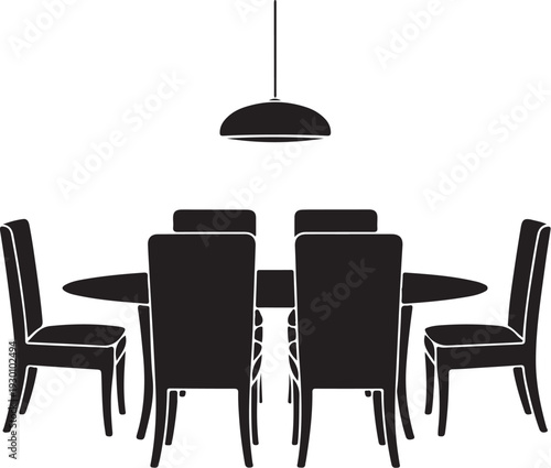 Black dining table with six chairs and pendant light