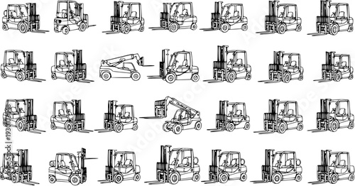 Collection of various industrial forklifts and telehandlers, including counterbalanced, rough terrain, and telescopic handlers, presented as detailed black and white line art sketches 