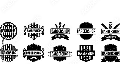 A collection of black and white barbershop logos and icons