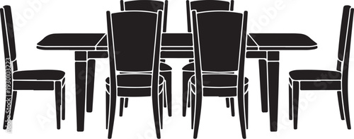 Black dining table with six chairs white background