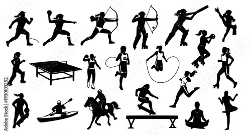 A collection of black silhouettes depicting various sports and activities
