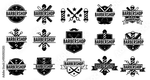 A collection of black and white barbershop logos and icons