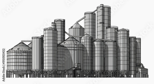 Industrial complex with multiple large storage silos and facilities on an industrial site
