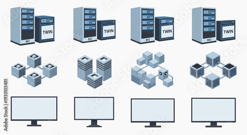 Servers and monitors display various cube shaped data storage units in technology environment