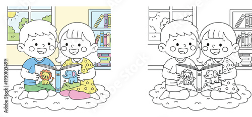 Coloring book page for kids. Cute little boy and girl sitting on a rug and reading a book with animals. Vector illustration outline and colored version for education or print.