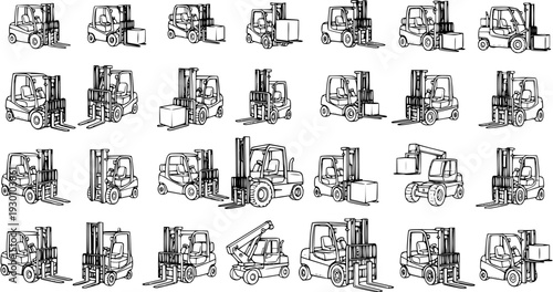 Collection of hand-drawn forklift illustrations, various types and perspectives, black and white line art sketches for material handling and logistics.