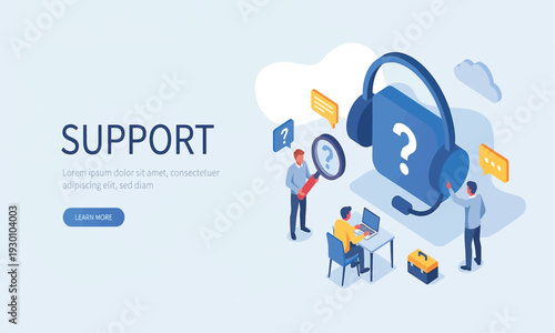 Dedicated online customer support team providing technical assistance and help desk services. Isometric illustration of digital service