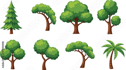 Collection of cartoon tree illustrations with diverse foliage, trunks, and canopy styles, educational nature artwork for design and environmental concepts
