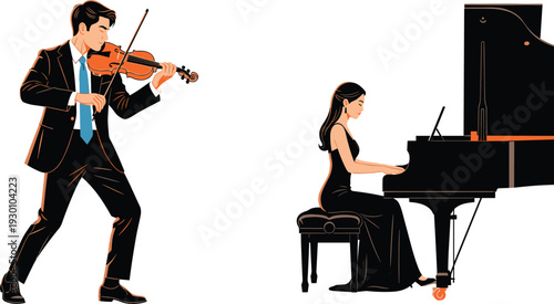 Elegant illustration of violinist and pianist performing classical music, concert scene highlighting string and keyboard instruments with artistic detail