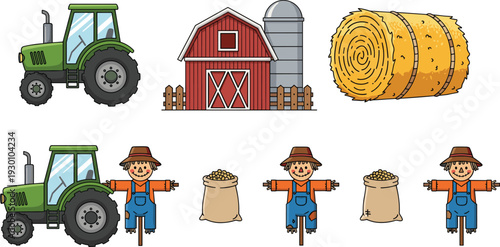 Farm illustration set featuring tractor, barn, hay bale, scarecrows, and grain sacks representing agriculture, rural life, and farming