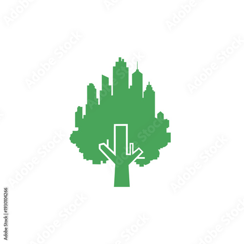 Tree with Green City Skyline silhouette