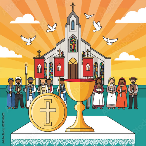 Illustration of a religious ceremony with a church and people