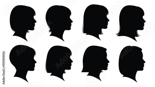 A group of seven black silhouette profiles isolated on white background, Vector