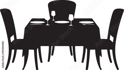 Black silhouette of a dining table set for two with wine glasses and plates