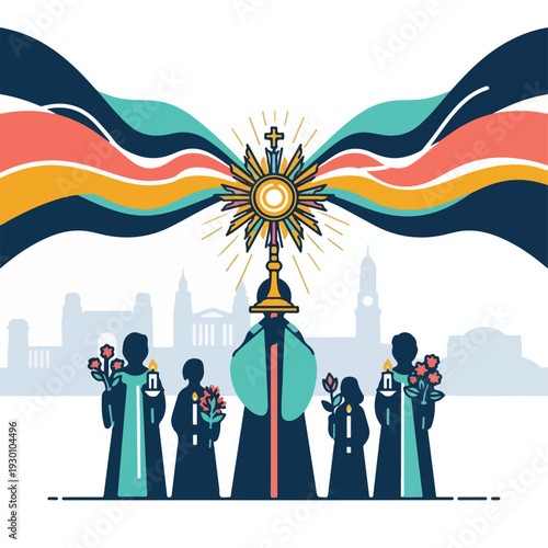 Illustration of a religious ceremony with priests, flowers, candles, and a monstrance