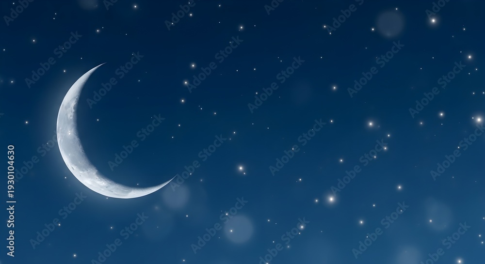 Fototapeta premium Crescent moon shining brightly in a starry night sky with a dark blue background and white glowing stars