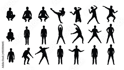 A collection of black silhouettes of people performing various martial arts poses isolated on white background, Vector