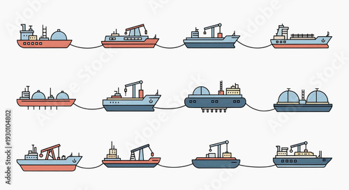 Various vessels and ships illustrated in different configurations and towing operations on the water from a horizontal viewpoint