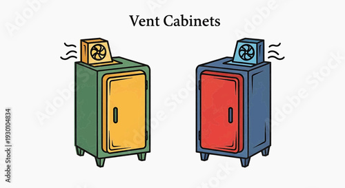 Illustration of colored vent cabinets with fans on top, showcasing various designs and ventilation systems in a simple graphic style