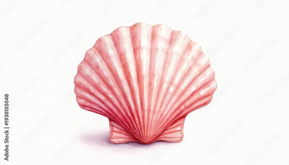 Fototapeta premium Single pink scallop shell shown from front. Watercolor art isolated on white background. Coastal, ocean theme graphic for design. Summer, beach motif.