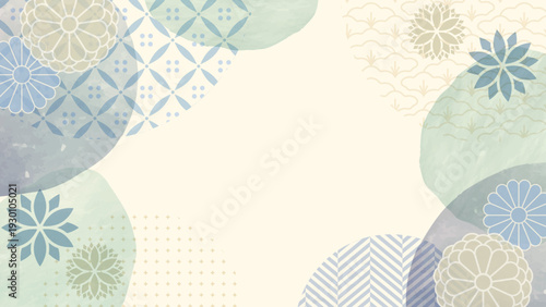 グリーンブルーがメインカラーの和モダンなデザインの水彩と和柄モチーフの16:9背景素材	