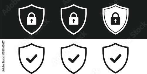 Security shield vector icon set with lock and checkmark symbols, minimal protection and verification icons for cybersecurity, privacy, and safety design