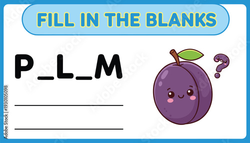Colorful children’s fill in the blanks puzzle with plum illustration teaching spelling, vocabulary, missing letters, and interactive word learning