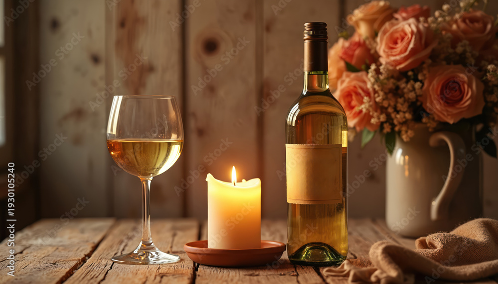 Obraz premium Bottle of white wine rests near lit candle and wine glass. Roses in vase decorate table. Warm light creates cozy atmosphere for romantic dinner.