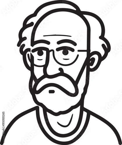 Hand Drawn Old Man Black and White Avatar Illustration in Minimal Line Art Style Design