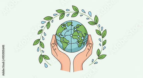 Hands cradling the earth surrounded by leaves and water droplets symbolizing environmental care and sustainability