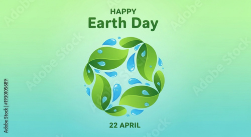 Earth day celebration with green leaves and water droplets on a gradient background