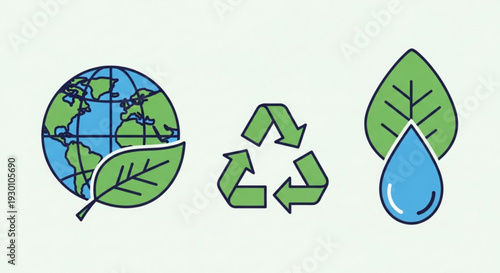 Earth with leaf recycling symbol and water drop on green leaves eco friendly icons for sustainability and environmental conservation