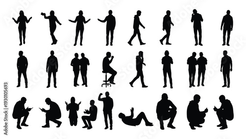 A collection of black silhouettes of people in various poses and actions isolated on white background, Vector