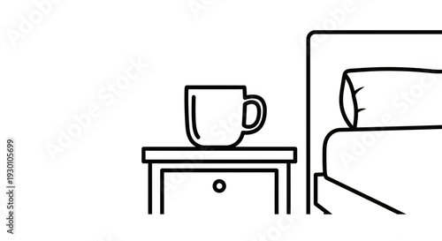 Clean line art graphic depicting a morning scene with a beverage cup on a nightstand beside a
