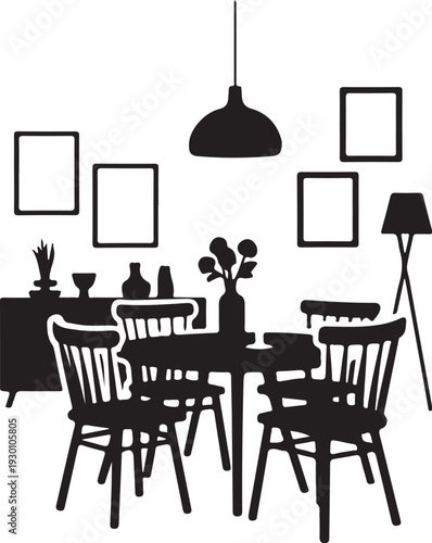 Black silhouette of dining room with table chairs and decor