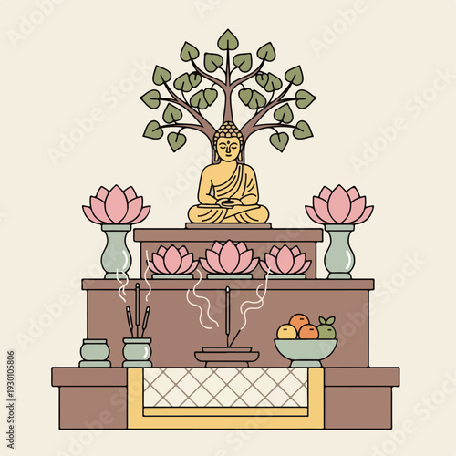 Illustration of a serene Buddha statue surrounded by symbols of peace