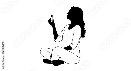 Woman contemplating a small bottle, promoting wellness, natural beauty, and mindful self-care