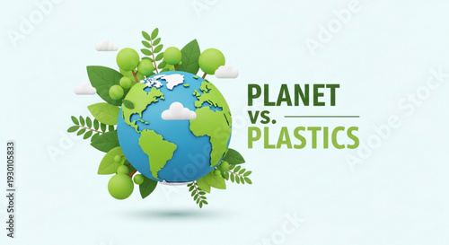 Earth surrounded by green leaves and fruits with planet vs plastics text on white background