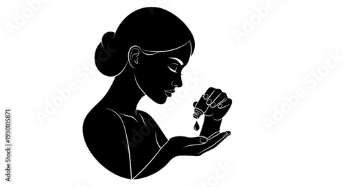 Elegant minimalist silhouette of a woman meticulously applying a nourishing serum to her palm for